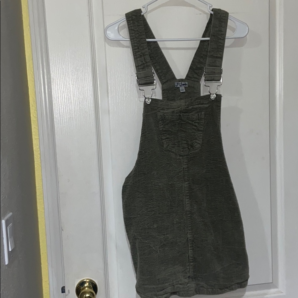 Olive green corduroy overall dress